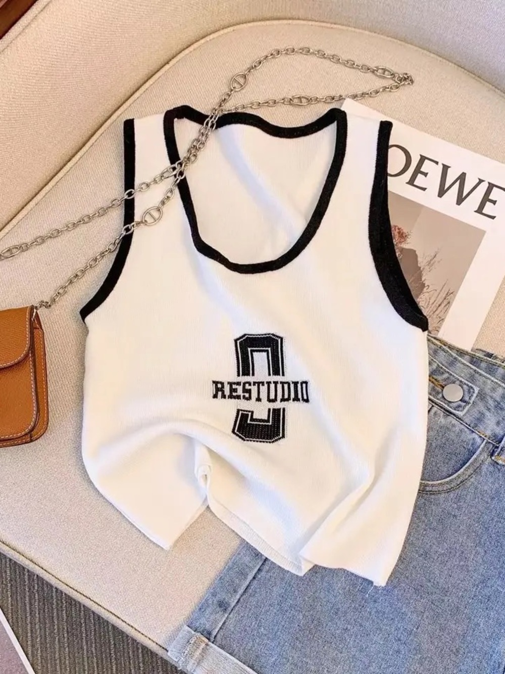 RESTUDIO White Contrast Trim Ribbed Tank Top